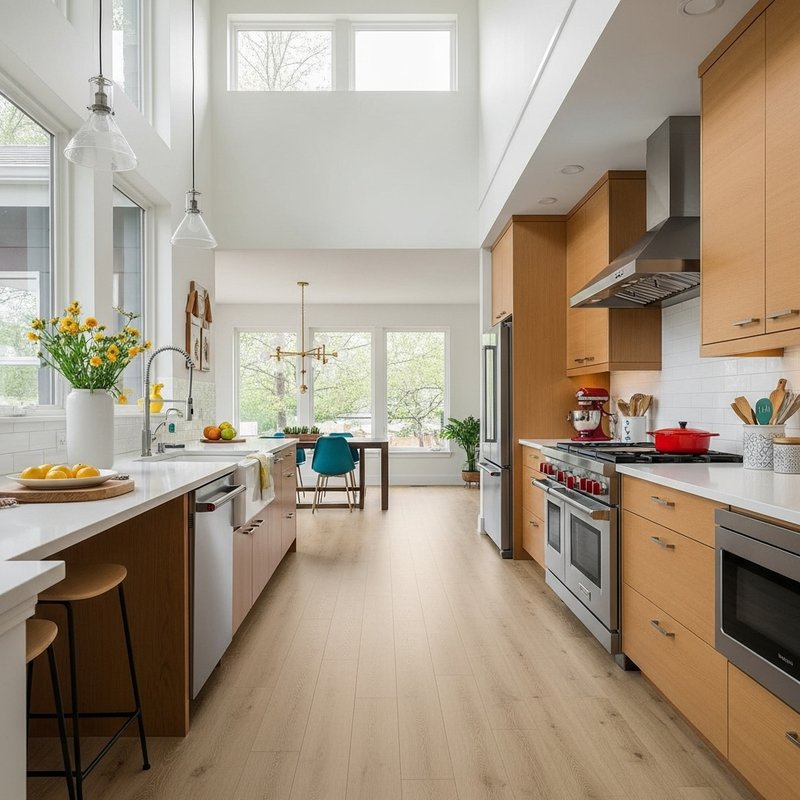 Bright and spacious kitchen with vaulted ceilings and waterproof vinyl flooring