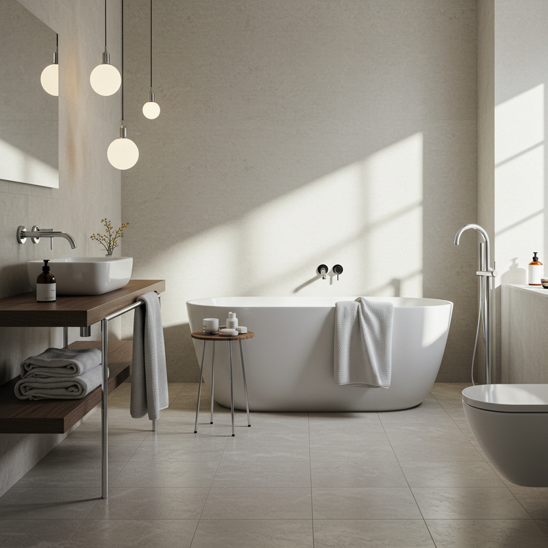 Relaxing and modern bathroom with grey tile flooring